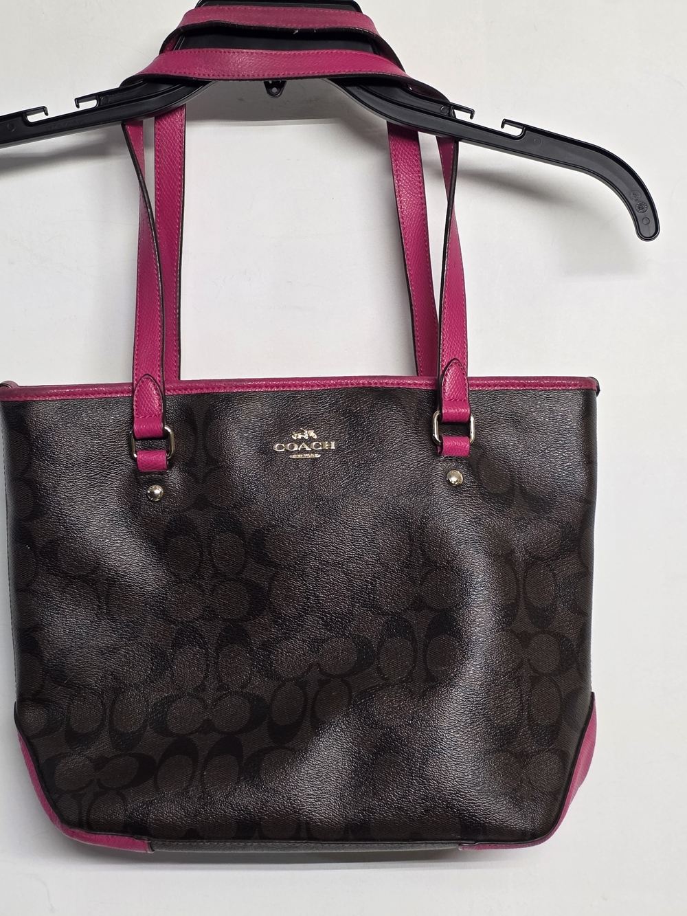 Coach Signature Canvas Tote in Dark Brown with Pink Trim
